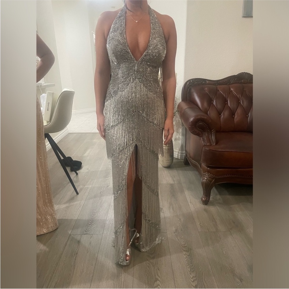 Sherri Hill Fully Beaded Silver Gown